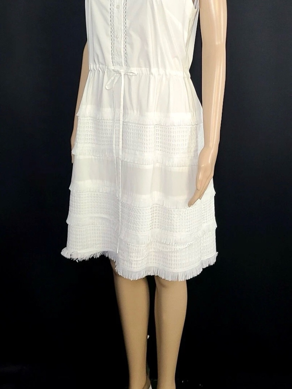 BANANA REPUBLIC White Sleeveless Lace Insert Fringe Shirt Dress Sz XS Petite - Picture 3 of 8